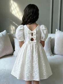 SHEIN Vestido corto de manga abullonada con lazo decorativo y espalda descubierta, informal y de vacaciones, para niñas preadolescentes, color blanco, primavera/verano - Blanco - Ver 5
