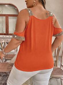 EMERY ROSE 大码女式夏季宽松露肩短袖T恤，编织条纹图案T恤，女式上衣 - 亮橙色 - 查看 2