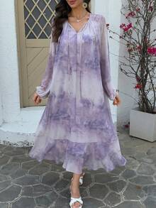 Vivie Lora 女士紫色扎染宽松褶皱中长连衣裙 - 紫色 - 查看 1