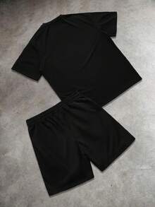 PAVTROS 加大码男士休闲撞色拼接T恤短裤套装，夏季 - 黑色 - 查看 2