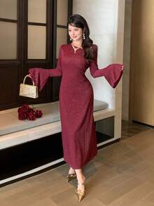 DAZY Romantic Design Oblique Placket Flare Sleeve Fitted Mid-Length Dress For Women, Spring Wedding Guest Dress Maxi Dress Sundress - Burgundy - View 5