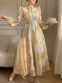 DAZY Textured Waist Cinching Midi Dress For Women, Vacation - Gold - View 6