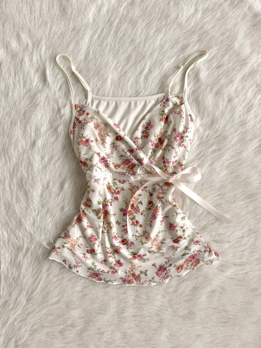 Cévolie Women's Floral Print Twist Front Casual Camisole - Multicolor - View 1