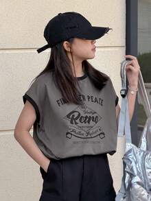 Dazy Kids Tween Girls' Casual Letter Graphic Contrast Trim Round Neck T-Shirt, Summer - Dark Grey - View 5