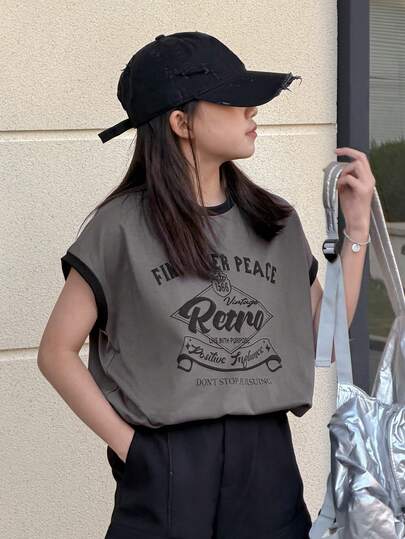 Dazy Kids Tween flickors avslappnade t-shirt med rund hals och bokstäver, sommar, grafisk kontrastkant