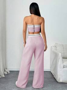 Almamuse Women's Contrast Trim Bandeau Top And Pleated Long Pants Casual 2 Pieces Set Summer 2 Piece Sets Woman Tube Top Set Women Vacation Outfit Sets Women 2 Piece Outfit Women Casual Outfit Sets Womens Summer Co-Ord Women Summer Outfits 2 Piece - Mauve Purple - View 2