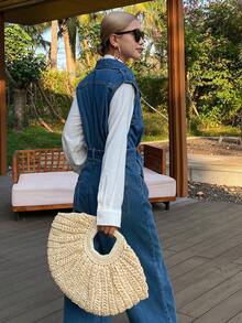 DAZY 女士翻领无袖长款休闲牛仔连体裤和背带裤 - 中等水洗藍 - 查看 4