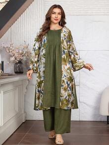 Lacomfia Plus Size 2pcs Set: Solid Color Patchwork Print Long Sleeve Midi Shirt & Elastic Waist Wide Leg Pants, Spring/Autumn - Multicolor - View 4