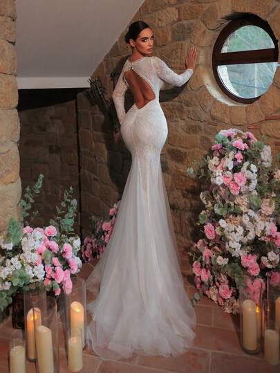 Glamrae Elegant Luxurious Stretchy Lace Floral Trim Sheer Sleeve Mermaid Maxi Dress With Long Train, Suitable For Weddings, Parties, Vacations, Balls, Honeymoon