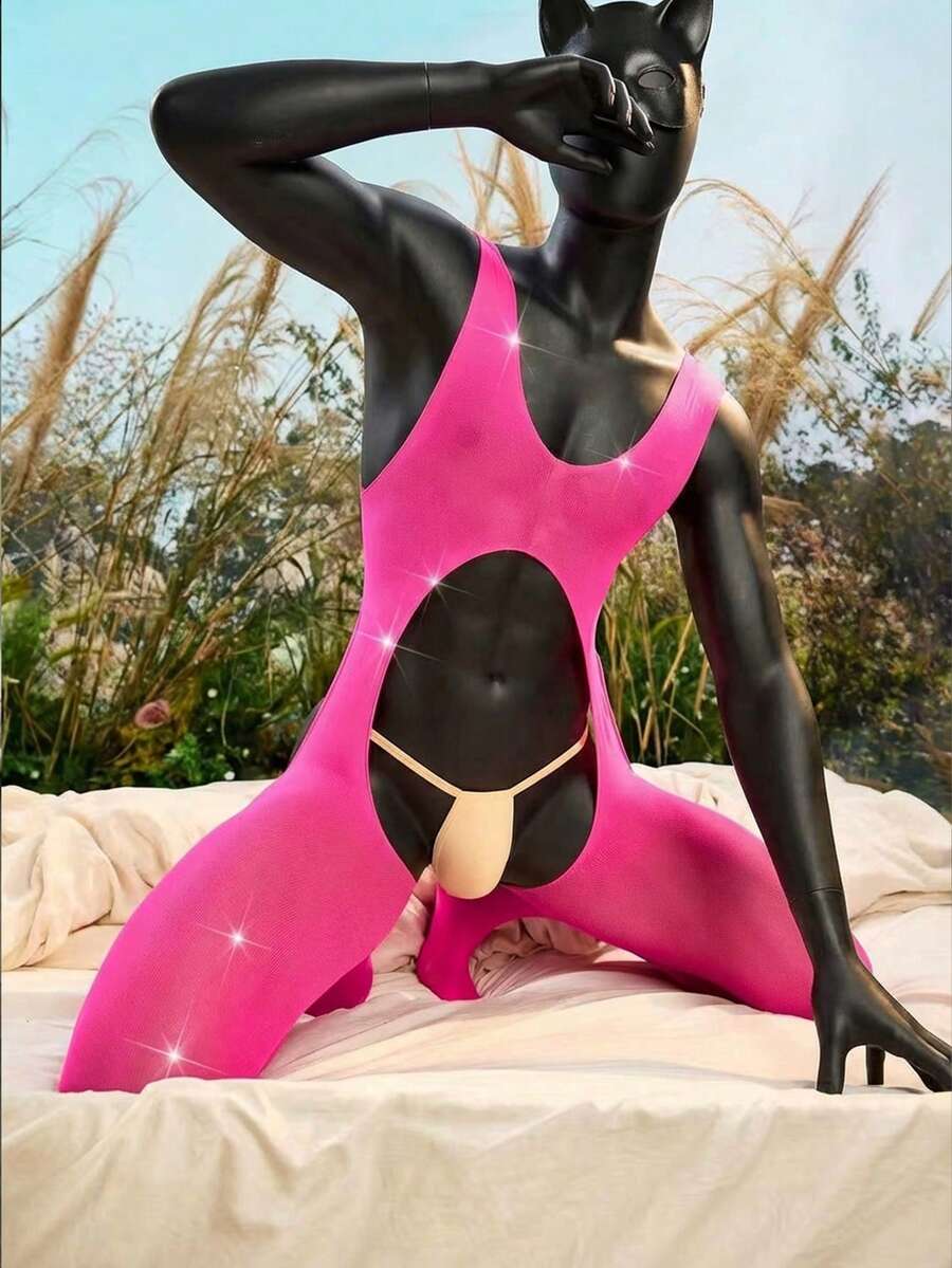 WENEZON Men's Sexy Hollow-Out Design Jumpsuit In Magenta Valentine's Day Gifts - Hot Pink - View 1