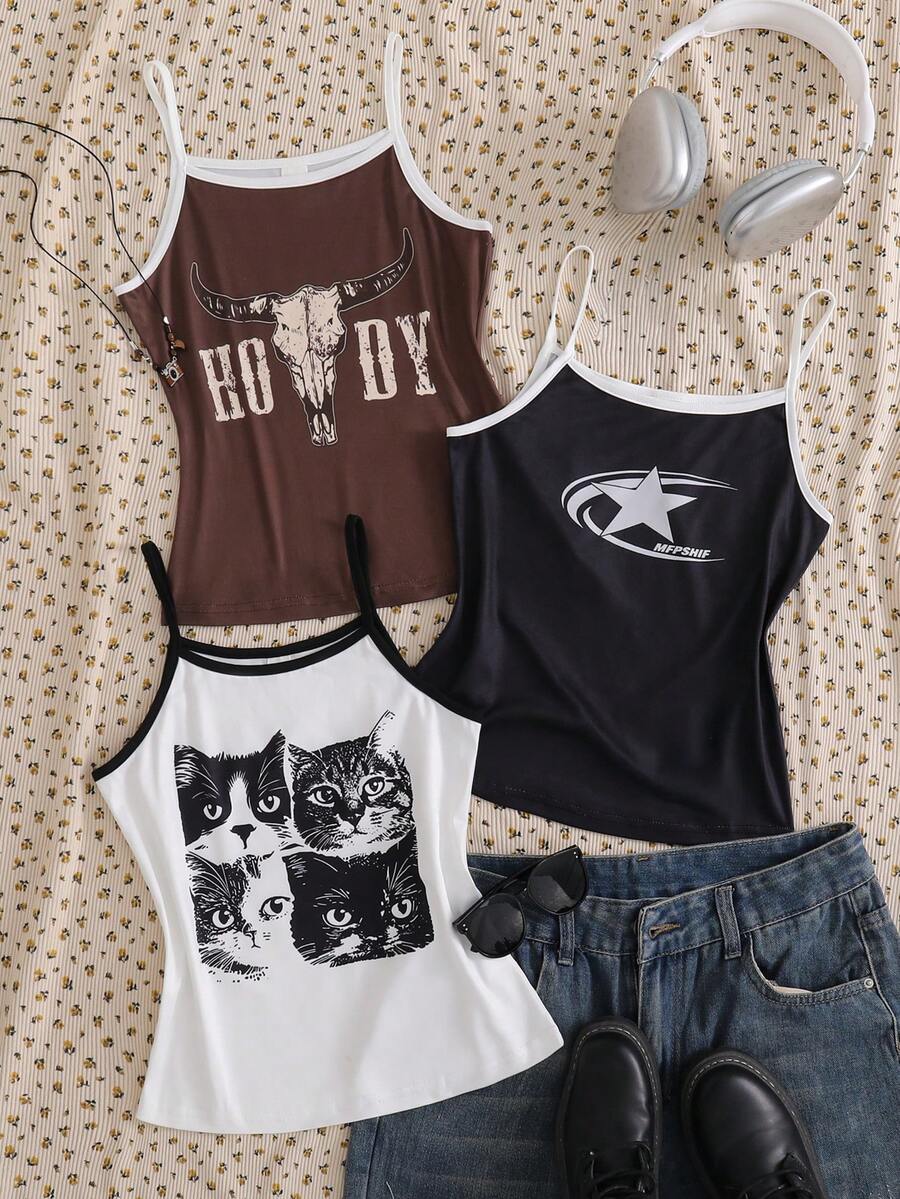 Tween Girls' Casual Graphic Print Trim Camisole, Summer - Multicolor - View 1