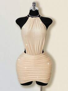 SHEIN ICON Women's Y2k Glitter Sleeveless Mini Dress,Valentines Day Dress,Sparkly Dress,Holiday Outfits For Women  Spring Gold Halter Dress - Gold - View 3