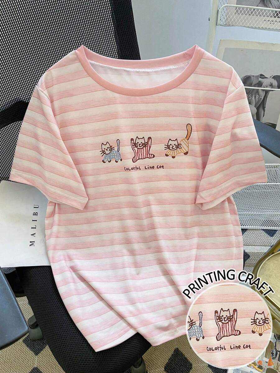 Resyla Women's Casual Letter & Cartoon Cat Print Round Neck Short Sleeve T-Shirt - Pink - View 1