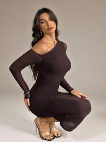 SHEIN Tall 女士秋季褶皱网纱优雅约会晚宴派对连衣裙，修身长袖 - 咖啡棕 - 查看 7