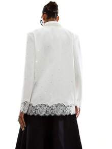 LYSMO 女士纯色蕾丝拼接双排扣优雅长袖西装外套 - 白色 - 查看 2