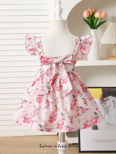 SHEIN Baby Girl/Toddler Girl Sleeveless Ditsy Floral Ruffled Backless Dress With Detachable Bow Tie And Hollow Waist, Fashion, Sweet, Cute, Casual, Beach, Outing, Countryside, Daily Wear, Party, Suitable For Multiple Occasions Summer Spring To Summer Vintage