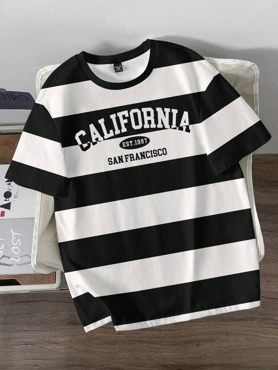 Manfinity Joysei Camiseta de manga corta casual de hombre con bloques de color, rayas y estampado de letras, para verano - Blanco y Negro - Ver 1