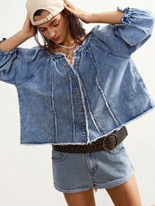 Bohemela Women's Casual Fashionable Street Snap Collar Ruffle Sleeve Raw Edge Loose Denim Blouse, Summer - Light Wash - View 4