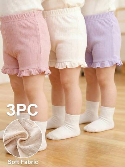 SHEIN 3pcs/Set Infant/Toddler Girls' Casual Loose Comfortable Shorts Set, Soft Breathable Floral Hollow-Out Knit Fabric, Elastic Waist With Ruffle Trim, Pink & White Solid Colors, Multi-Color Options, High Cost-Effective, Suitable For Spring/Summer Home/Outing/Vacation