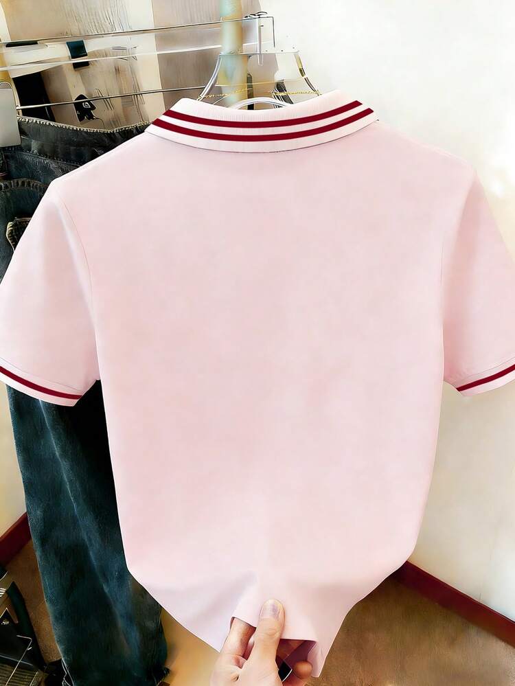 Resyla 女士夏季休闲撞色条纹爱心图案T恤衫 女式上衣 - 粉色 - 查看 2