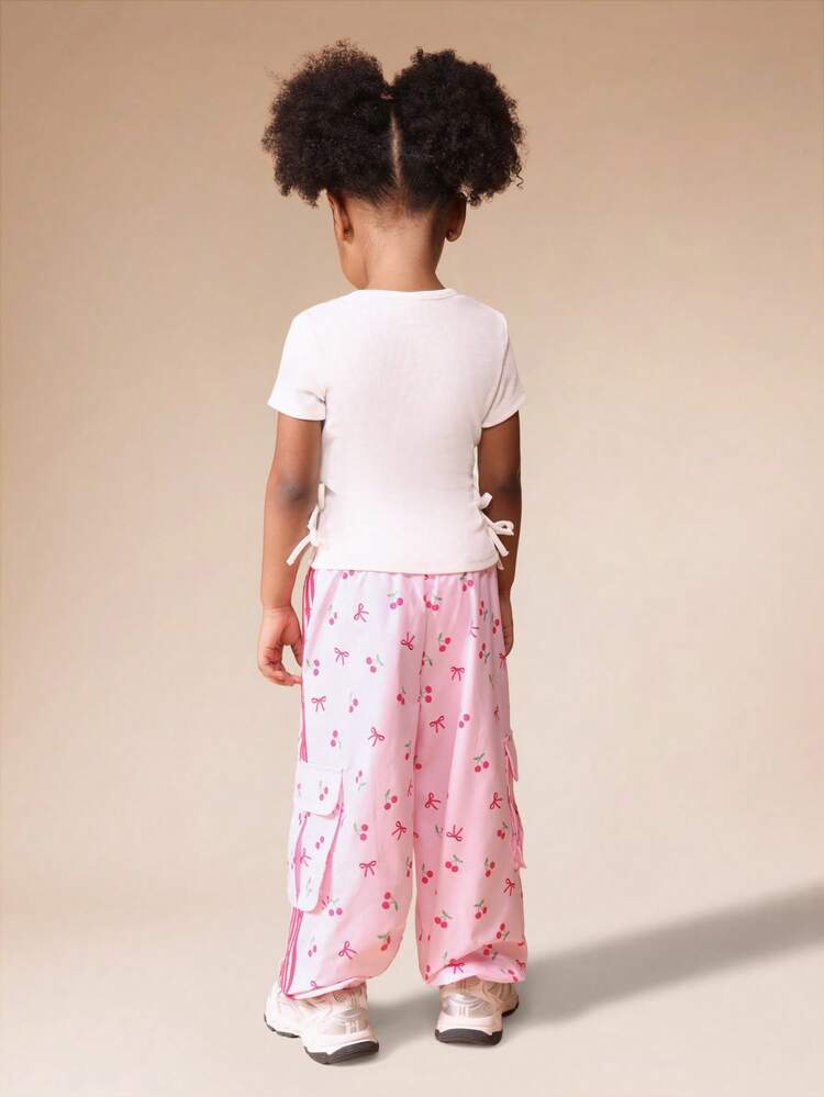 Ribbed Top With Cherry Print Cargo Pants Set