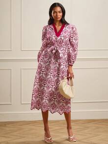 Lilora Women's Elegant Eyelet Embroidery V-Neck Lantern Sleeve Dress - Multicolor - View 5