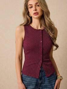 Poéselle Camiseta de tirantes con botones y lentejuelas en la parte delantera, de verano - Burdeos - Ver 4