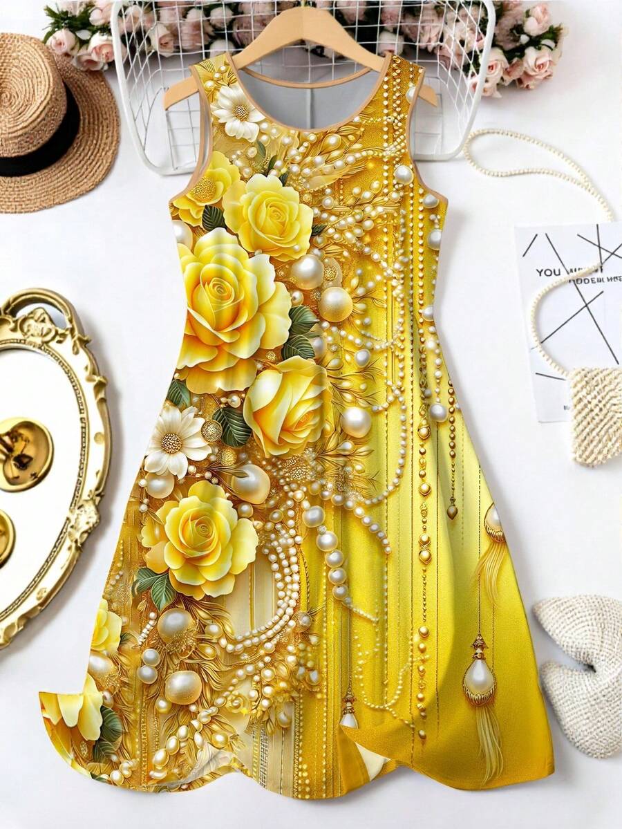 EMERY ROSE 大码女式碎花吊带裙，亮黄色度假节日装扮，适合生日、送礼、节日派对和日常穿着，春假服装 - 彩色 - 查看 1