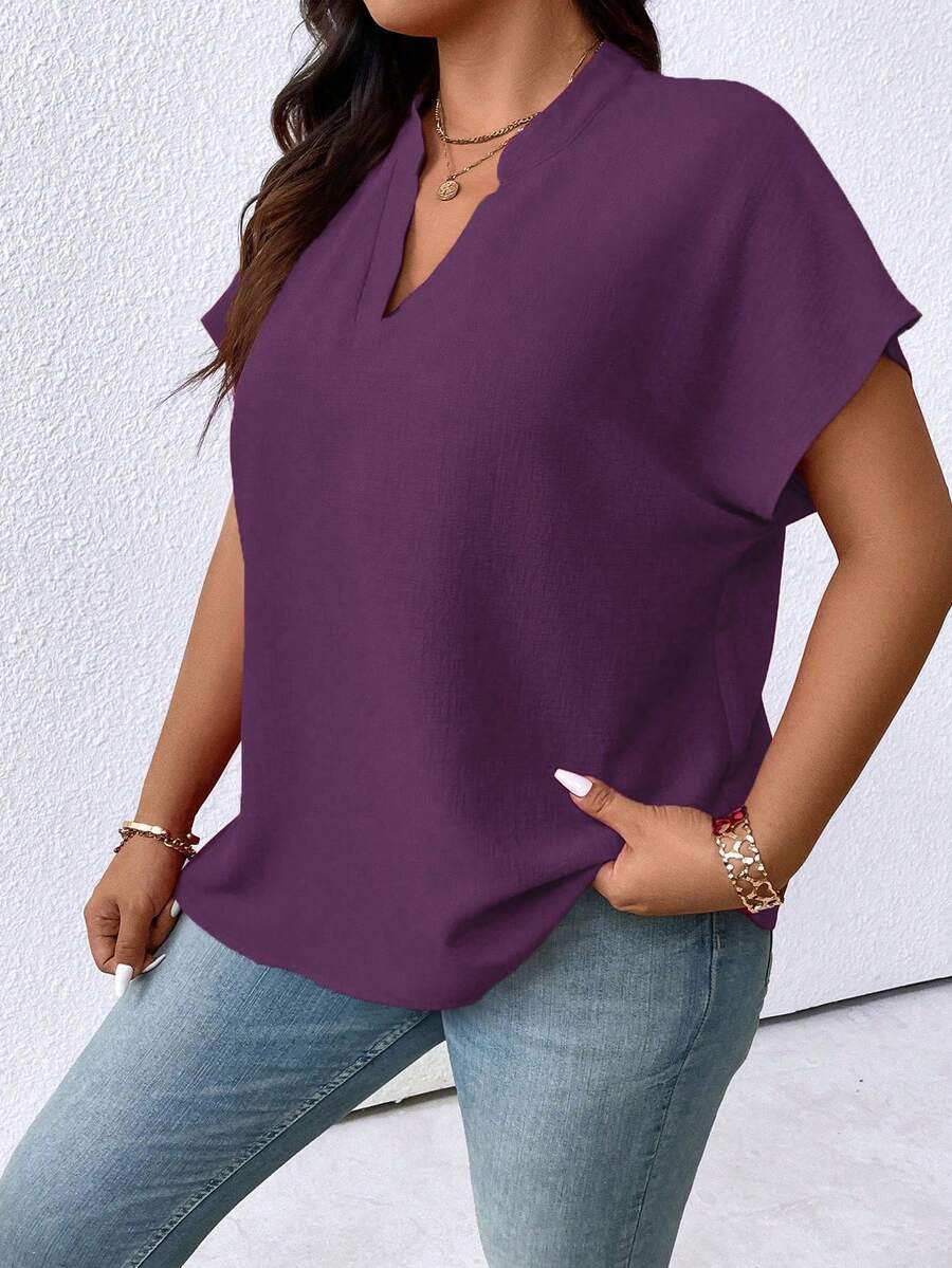 Breezaya 大码纯色V领蝙蝠袖简约夏季衬衫，适合新年穿着 - 紫色 - 查看 1