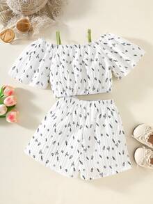 4-8Y 2pcs/Set Girls Summer Matching Floral All-Over Print Jacquard Spaghetti Strap Tulip Flower Ruffle Top & Bow Shorts Set,Family Vacation Holiday - Multicolor - View 2