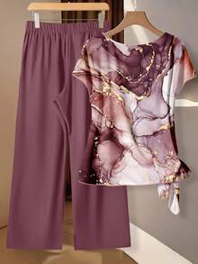 SHEIN Clasi Koszula damska w minimalistycznym stylu casualowym w fioletowo-czerwonym kolorze z imitacją folii, abstrakcyjny kwiatowy wzór, z wiązaniem i luźnymi, prostymi spodniami, dwuczęściowy komplet, odpowiedni na jesień/zimę, w stylu vintage - Wielokolorowe - Zobacz 2