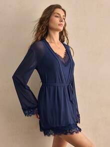 Charlaine Women's Elegant Sexy Contrast Lace Camisole Nightgown And Robe Set - Navy Blue - View 4