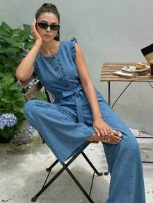 Sparklyn Elegant Minimalist Sleeveless Frill Trim Jumpsuit, Suitable For Vacation And Commute, Blue Texture - Blue - View 1