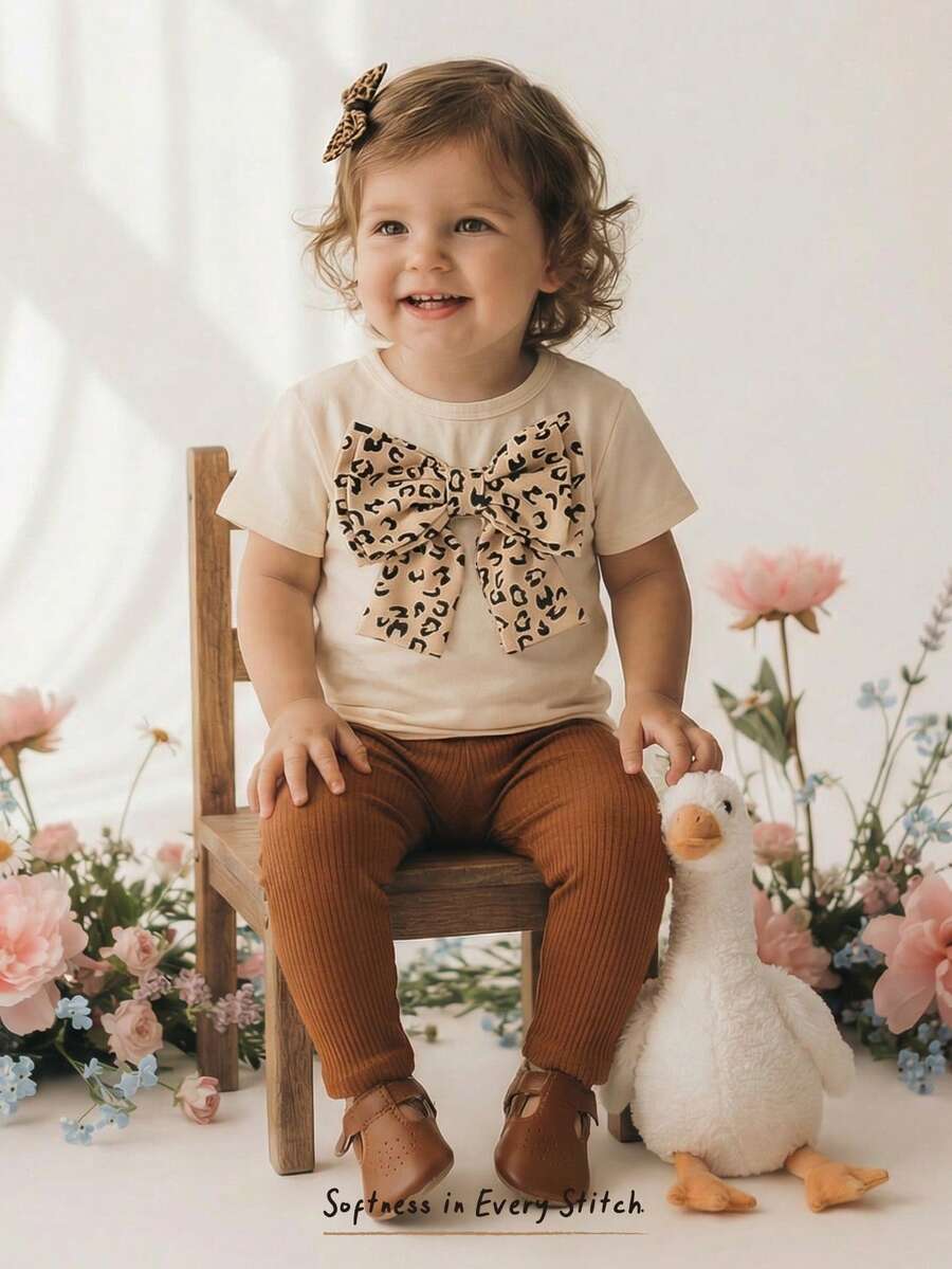 Cozy Pixies 2pcs Baby Girl Bow Knit Soft Round Neck Short Sleeve Top And Elastic Waist Pants Set Bow Baby Girl Outfit Cheetah Outfit Baby Baby Girl Leopard Outfit - Multicolor - View 1