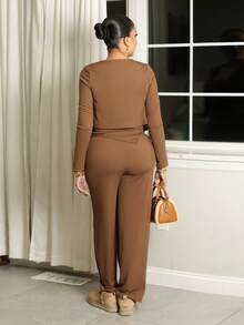 Melissa Matos 3pcs/Set Women Solid Color Fitted Outfit Fall/Winter - Brown - View 2