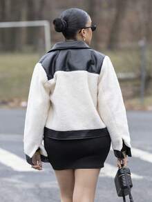 Melissa Matos 女式秋冬拼布羊羔绒休闲单排扣夹克 - 米色 - 查看 2