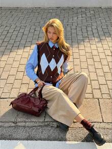 MainGRL Diamond Plaid Knit Vest Sweater For Women, Spring - Multicolor - View 5