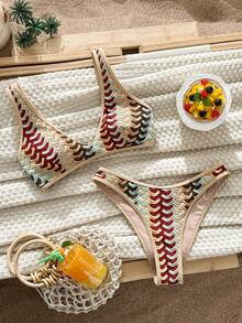 Swim Vcay 夏季时尚特制面料搭配浅色抽绳设计性感潮流分体比基尼套装 - 彩色 - 查看 7