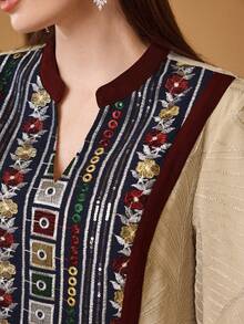 SHEIN Najma 优雅奢华刺绣面料拼接刺绣工艺领口宽松奢华女装 - 杏色 - 查看 7