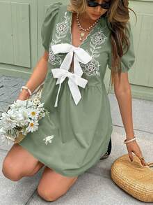 Serisse Women's Casual Vacation Floral Embroidery Tie-Up Short Dress - Mint Green - View 8