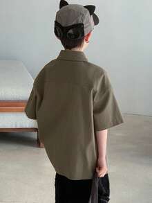 DAZY 青少年男孩夏季休闲时尚街头风日常通勤贴布装饰口袋插肩宽松衬衫 - 綠色 - 查看 7