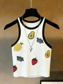 Franclia Nueva llegada Camiseta de tirantes regular para mujer con patrón de frutas bordado popular para uso diario casual - Blanco - Ver 4