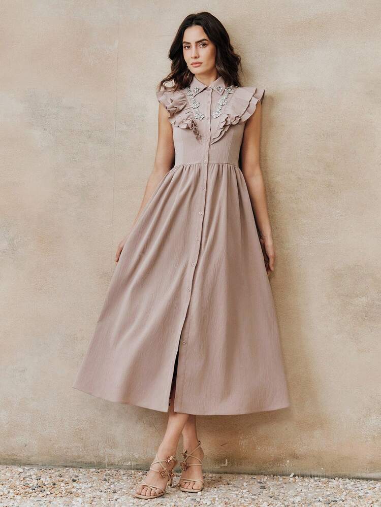 Women's Sleeveless Ruffled Rhinestone Embellished Long Shirt Dress, Spring/Summer