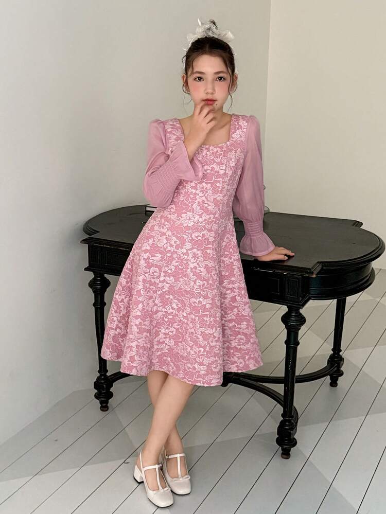 Tween Girl Floral Jacquard Flare Sleeve Elegant Dress Spring