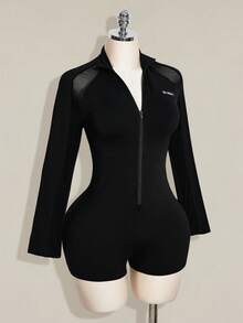 SHEIN ICON 大码女式网纱拼接紧身连体裤 - 黑色 - 查看 7