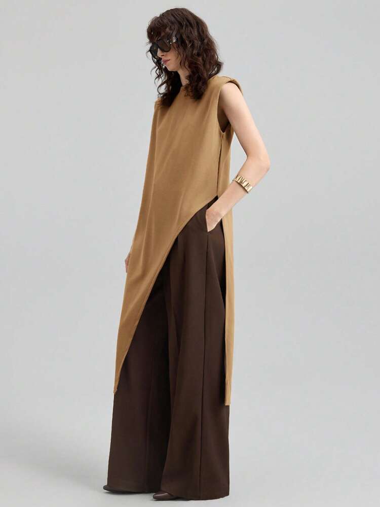 2026 Spring/Summer Women's Color Block Sleeveless Loose Asymmetric Hem Long Blouse, Versatile For Urban Commute, Business, Casual, Elegant For Occasions Like Valentine's Day, Summer Wedding Guest, Holiday, Beach, Office