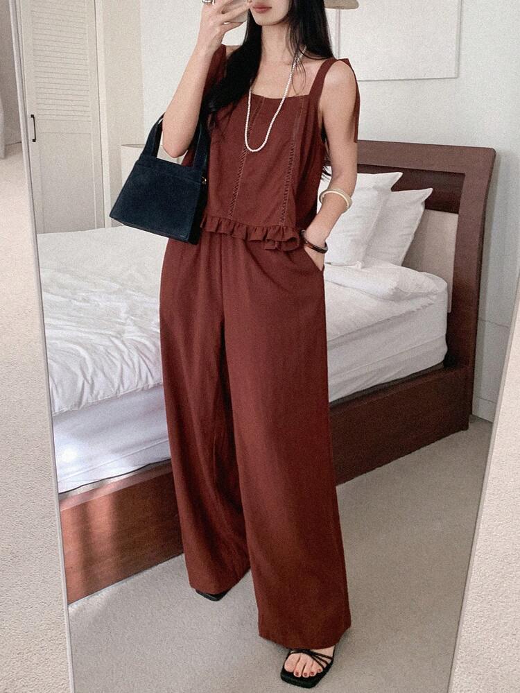 Women's Floral Lace Patchwork Camisole Top And Loose Minimalist Wide Leg Pants, Vacation Style Casual Two Pieces Set Summer