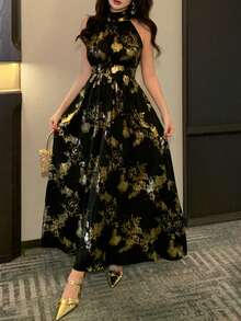 DAZY 女士无袖印花面料收腰优雅中长连衣裙夏季长裙 - 黑色 - 查看 3