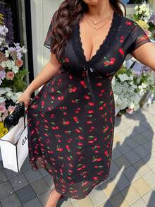 GalTyme Đầm midi cỡ lớn thanh lịch in họa tiết quả anh đào, viền ren, phù hợp cho việc đi làm. - màu đen - Xem 3