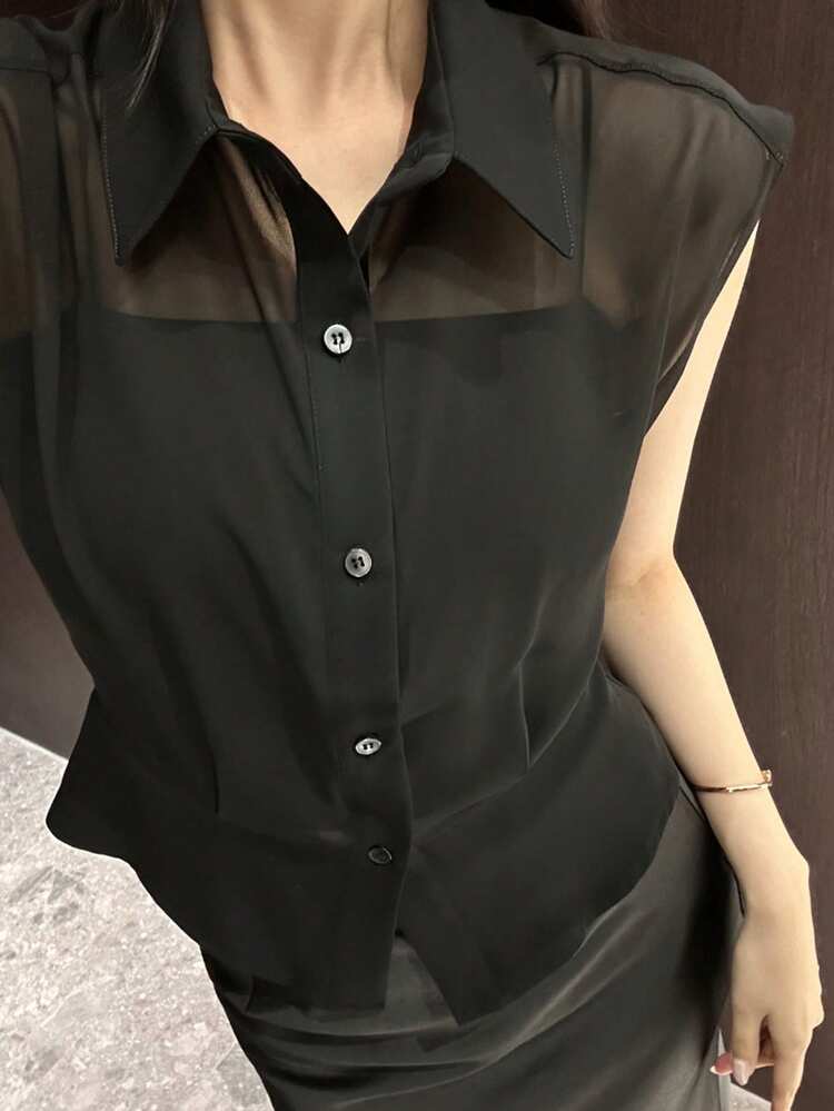 Women's Sleeveless Polo Collar Mesh Blouse, Summer